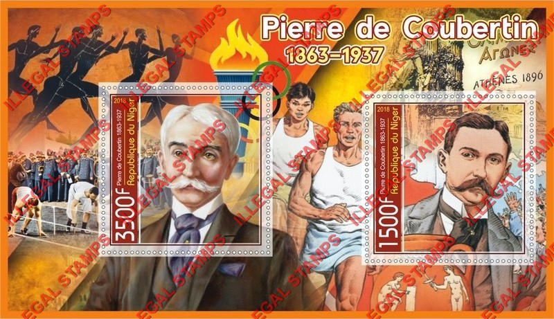 Niger 2018 Pierre de Coubertin Illegal Stamp Souvenir Sheet of 2