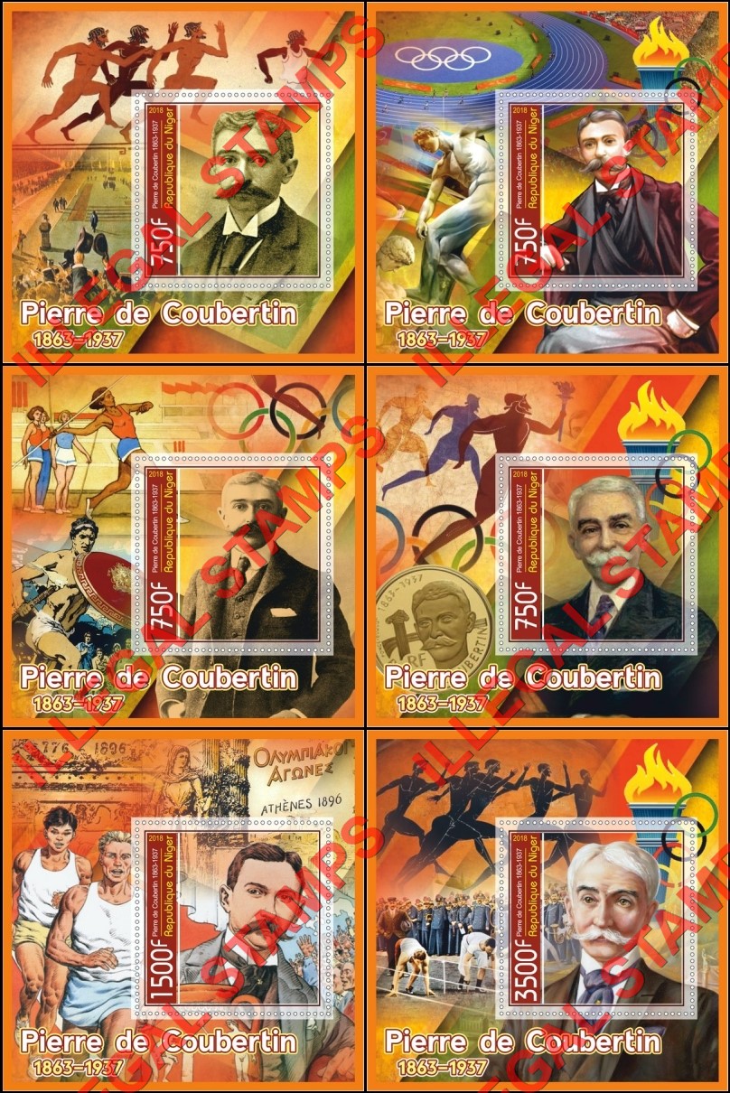 Niger 2018 Pierre de Coubertin Illegal Stamp Souvenir Sheets of 1