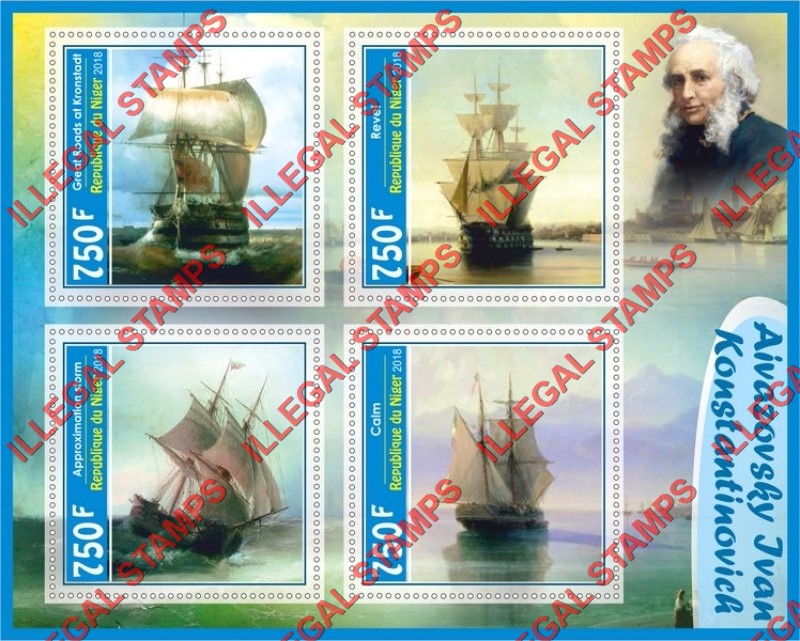 Niger 2018 Sailing Ships Paintings by Aivazovsky Ivan Konstantinovich Illegal Stamp Souvenir Sheet of 4