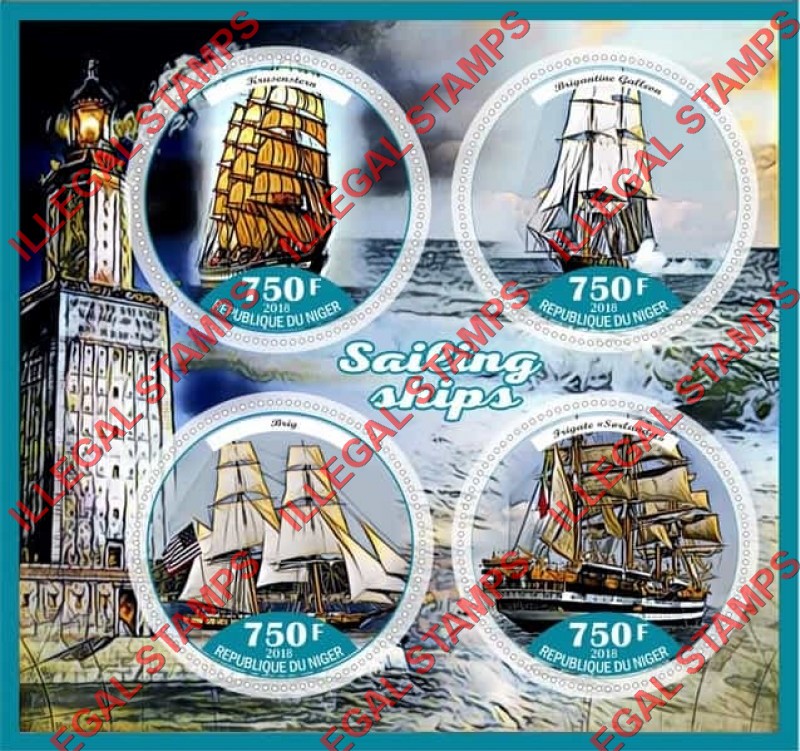 Niger 2018 Sailing Ships Illegal Stamp Souvenir Sheet of 4