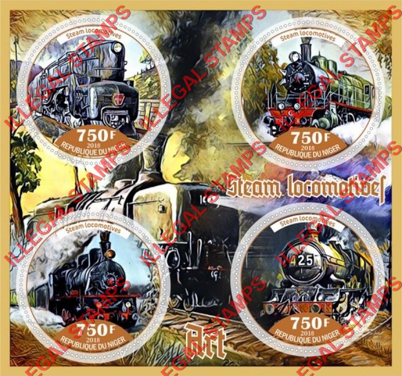 Niger 2018 Steam Locomotives Illegal Stamp Souvenir Sheet of 4