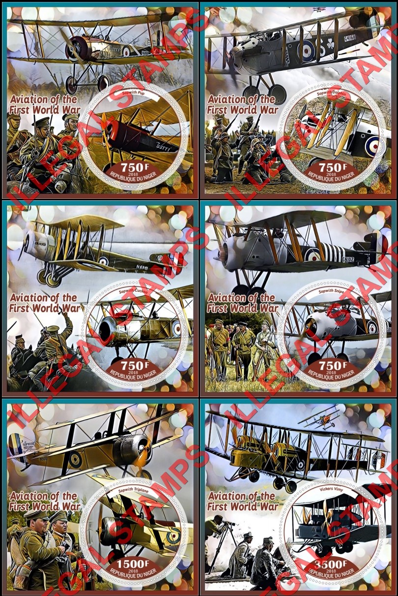 Niger 2018 World War I Aviation (different) Illegal Stamp Souvenir Sheets of 1