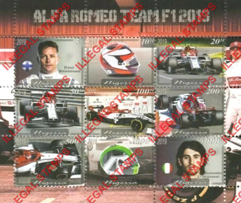Nigeria 2019 Formula I Alfa Romeo Team Illegal Stamp Sheet of 9