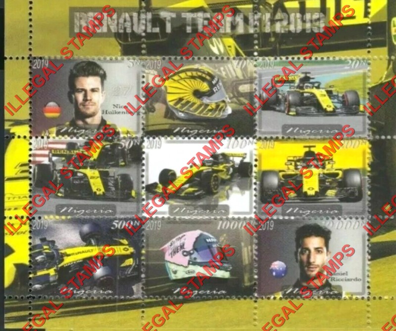 Nigeria 2019 Formula I Renault Team Illegal Stamp Sheet of 9
