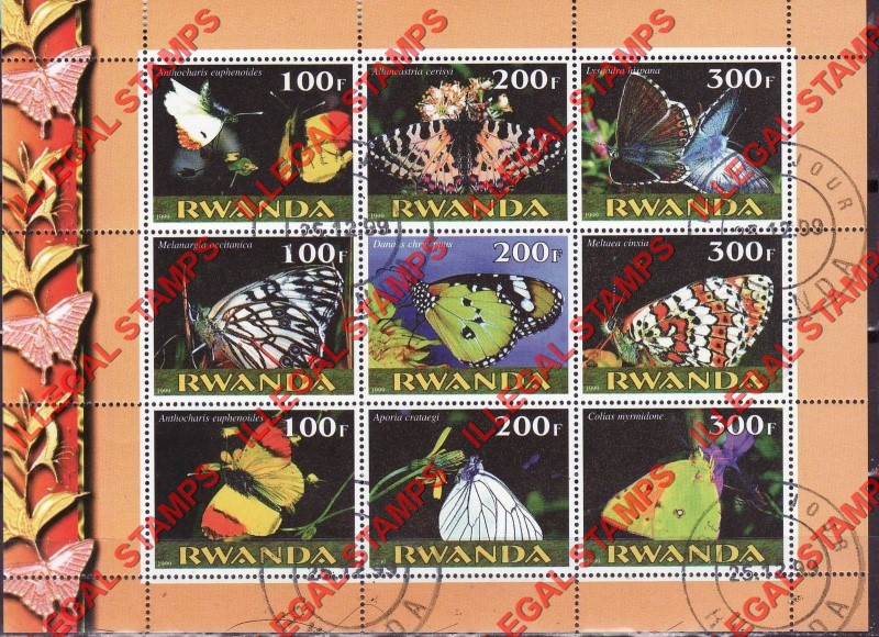 Rwanda 1999 Butterflies Illegal Stamp Souvenir Sheetlet of Nine