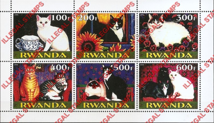 Rwanda 1999 Cats Illegal Stamp Souvenir Sheetlet of Six