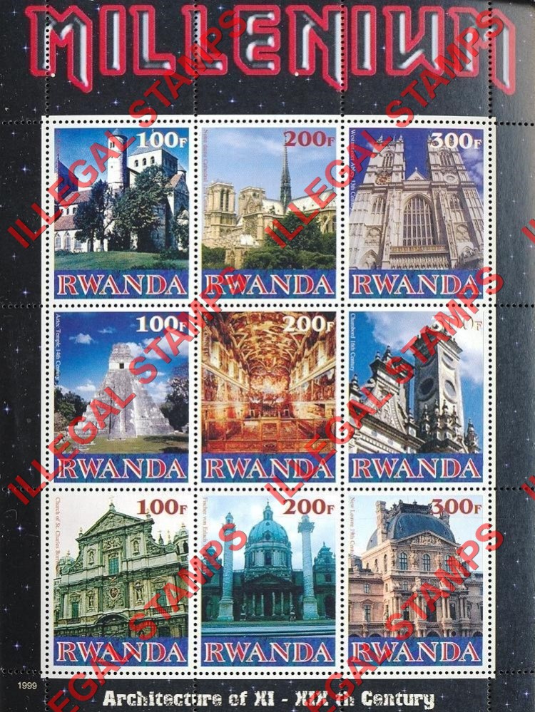 Rwanda 1999 Millenium Architecture Illegal Stamp Souvenir Sheetlet of Nine