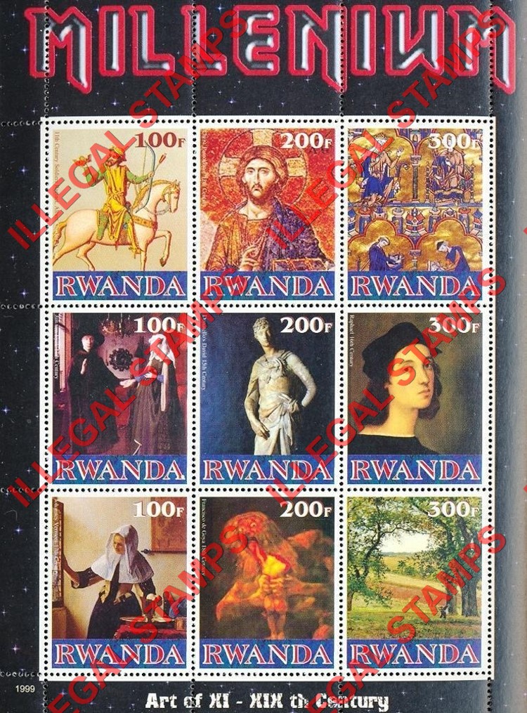 Rwanda 1999 Millenium Art Illegal Stamp Souvenir Sheetlet of Nine