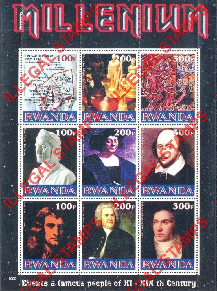 Rwanda 1999 Millenium Famous People Illegal Stamp Souvenir Sheetlet of Nine