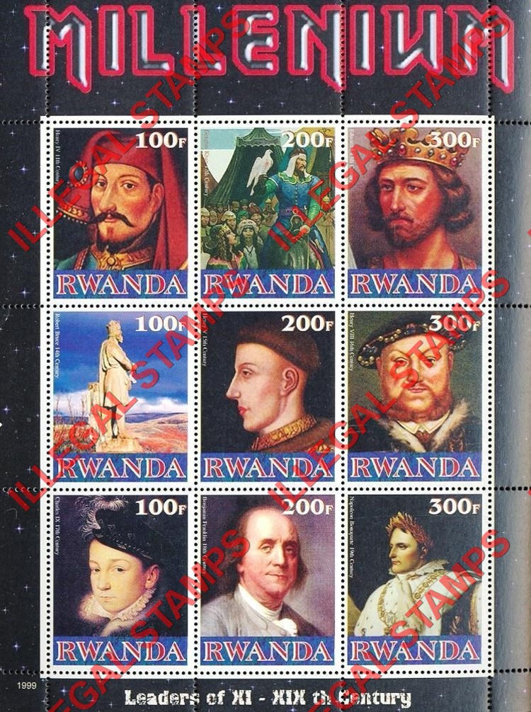 Rwanda 1999 Millenium Leaders Illegal Stamp Souvenir Sheetlet of Nine