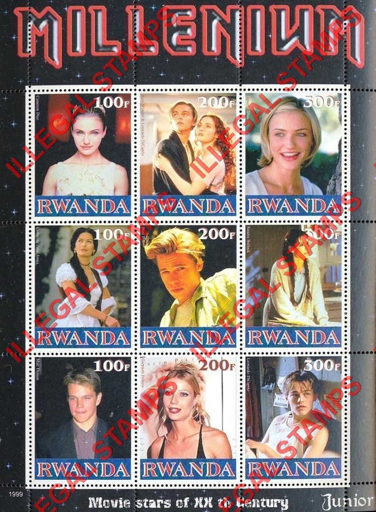 Rwanda 1999 Millenium Movie Stars Junior Illegal Stamp Souvenir Sheetlet of Nine