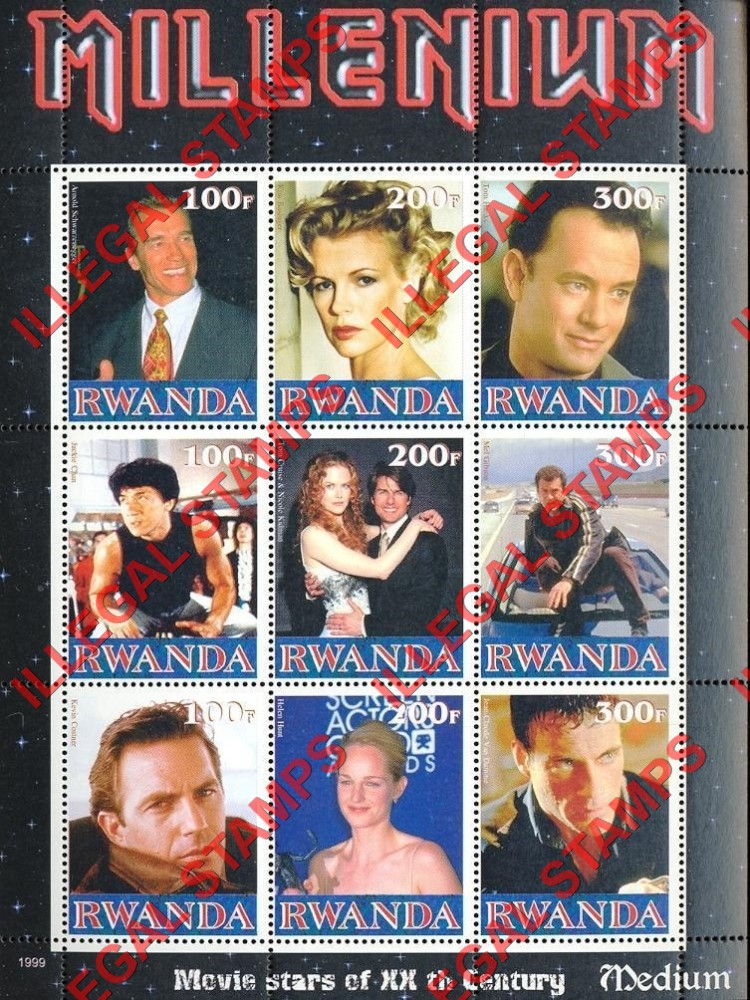 Rwanda 1999 Millenium Movie Stars Medium Illegal Stamp Souvenir Sheetlet of Nine