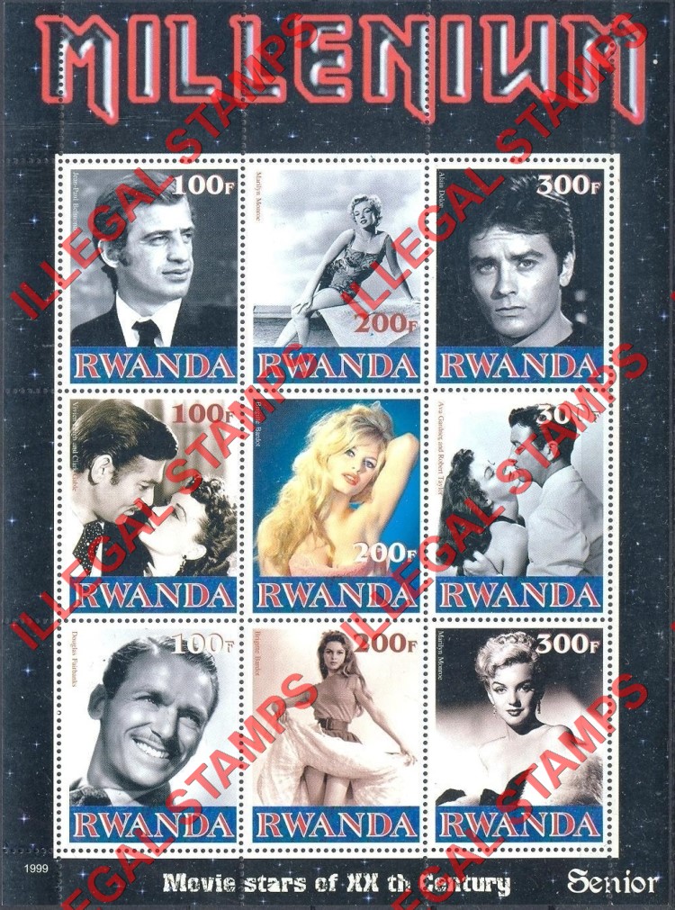 Rwanda 1999 Millenium Movie Stars Senior Illegal Stamp Souvenir Sheetlet of Nine