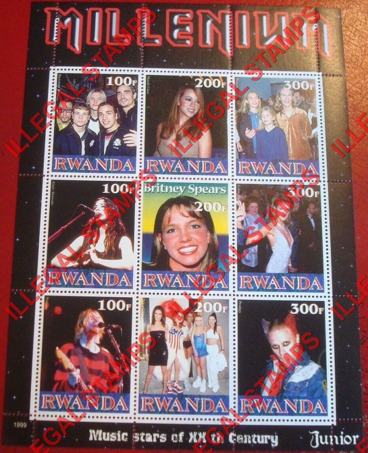 Rwanda 1999 Millenium Music Stars Junior Illegal Stamp Souvenir Sheetlet of Nine