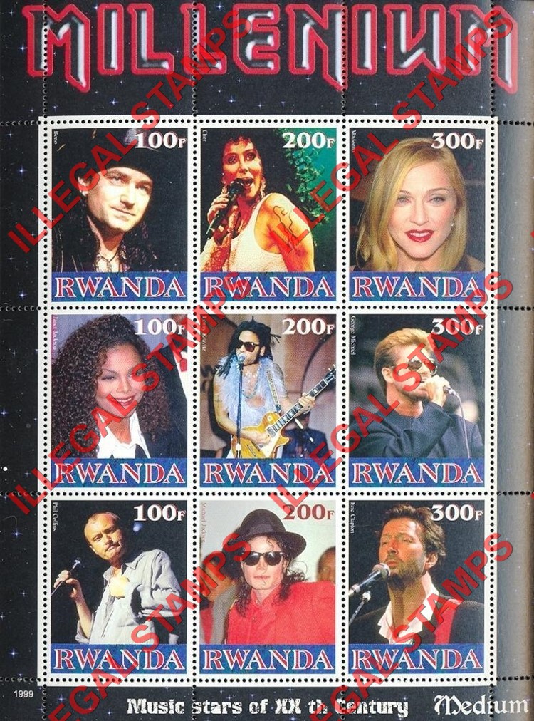 Rwanda 1999 Millenium Music Stars Medium Illegal Stamp Souvenir Sheetlet of Nine