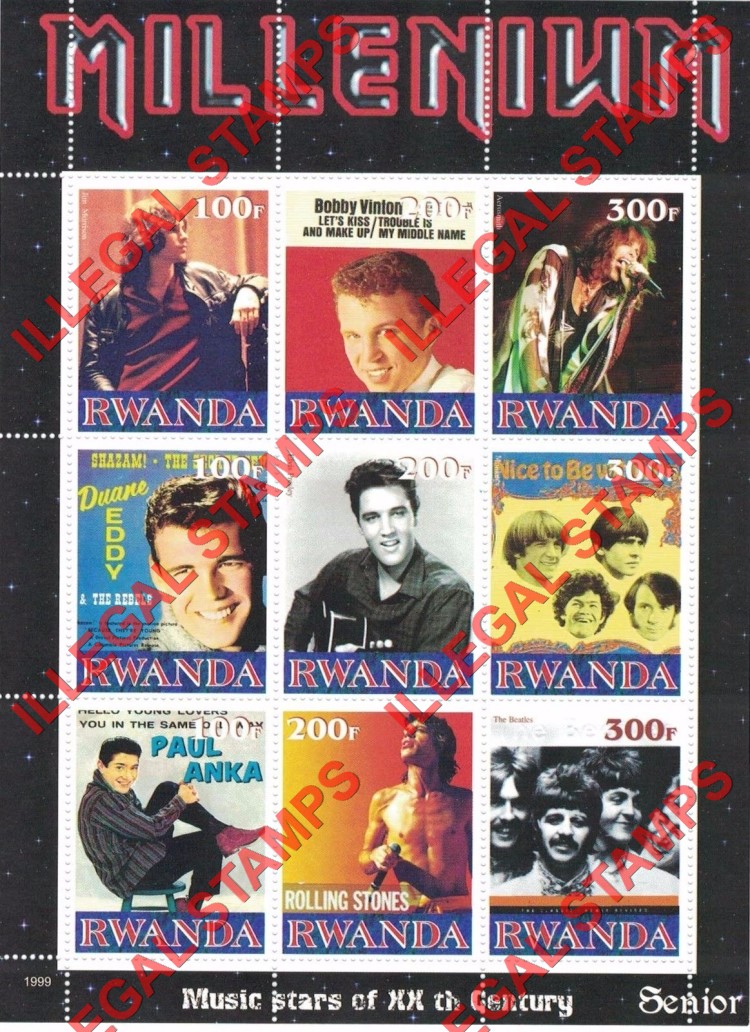 Rwanda 1999 Millenium Music Stars Senior Illegal Stamp Souvenir Sheetlet of Nine