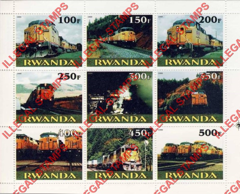 Rwanda 1999 Trains Sheet of 9 Illegal Stamp Sheet of 9