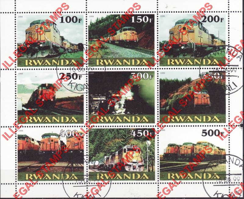 Rwanda 1999 Trains Illegal Stamp Souvenir Sheetlet of Nine