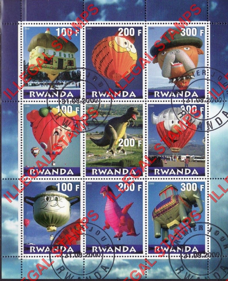 Rwanda 2000 Air Balloons Illegal Stamp Souvenir Sheetlet of Nine