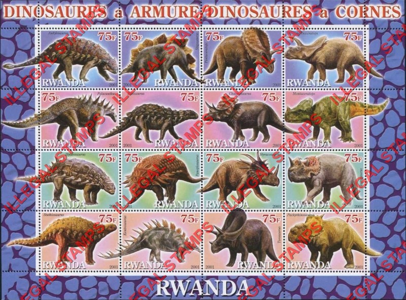 Rwanda 2001 Armored Dinosaurs and Horned Dinosaurs Illegal Stamp Sheet of 9