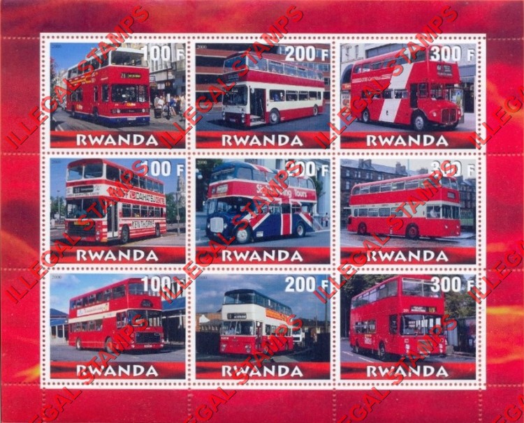 Rwanda 2000 Double-decker Buses Illegal Stamp Souvenir Sheetlet of Nine