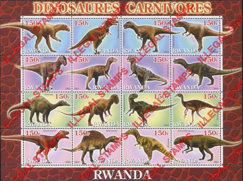 Rwanda 2001 Carnivorous Dinosaurs Illegal Stamp Sheet of 9