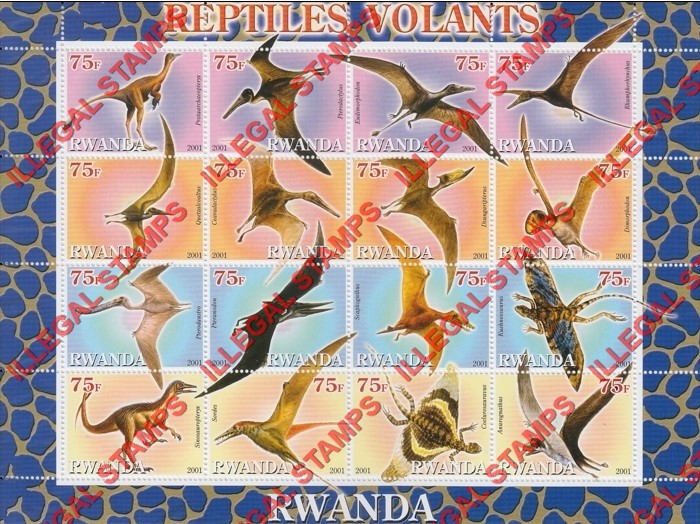 Rwanda 2001 Flying Reptiles Illegal Stamp Sheet of 9