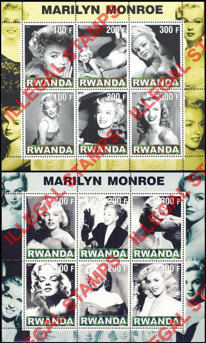 Rwanda 2000 Marilyn Monroe Illegal Stamp Souvenir Sheets of Six