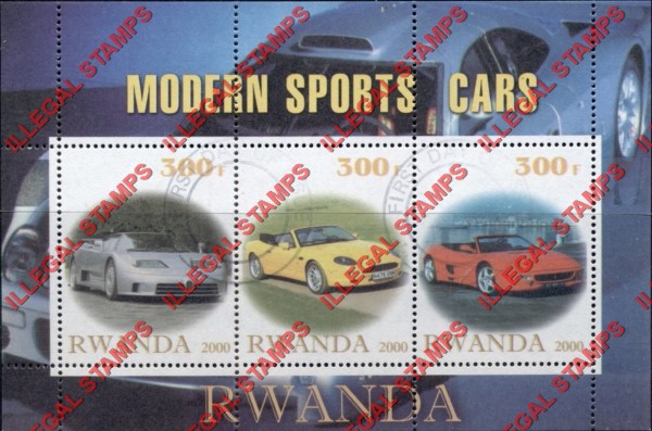 Rwanda 2000 Modern Sports Cars Illegal Stamp Souvenir Sheet of Three