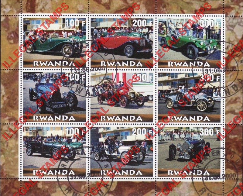 Rwanda 2000 Old Cars Illegal Stamp Souvenir Sheetlet of Nine
