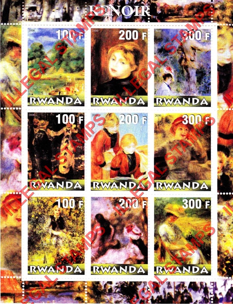 Rwanda 2000 Paintings Renoir Illegal Stamp Sheet of Nine