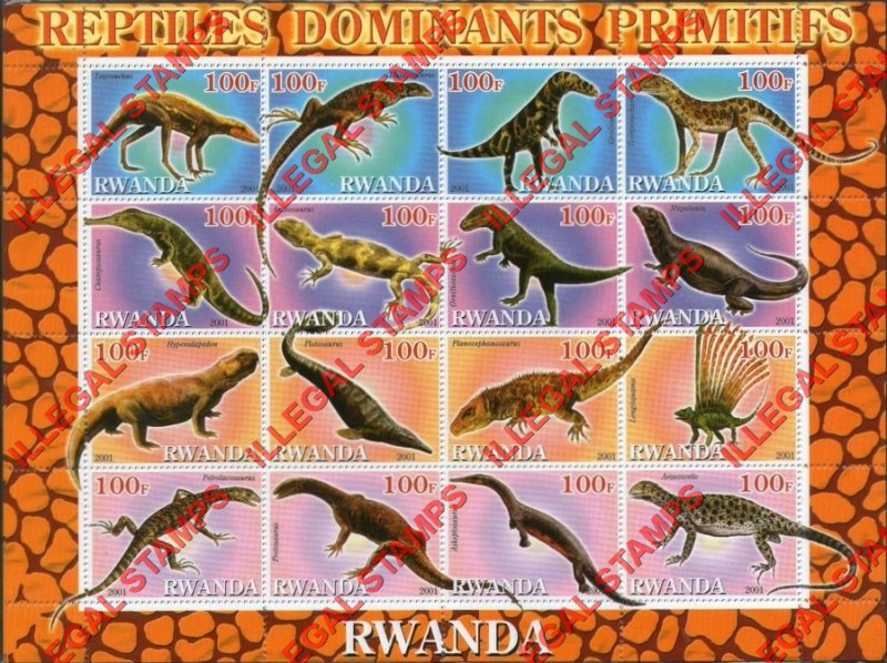 Rwanda 2001 Primitive Dominant Reptiles Illegal Stamp Sheet of 9
