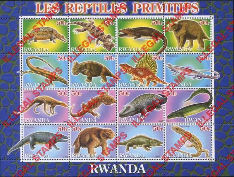 Rwanda 2001 Primitive Reptiles Illegal Stamp Sheet of 9