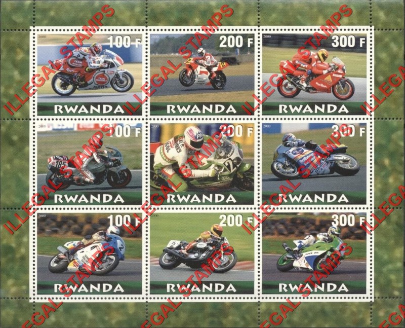 Rwanda 2000 Racing Motorcycles Illegal Stamp Souvenir Sheetlet of Nine
