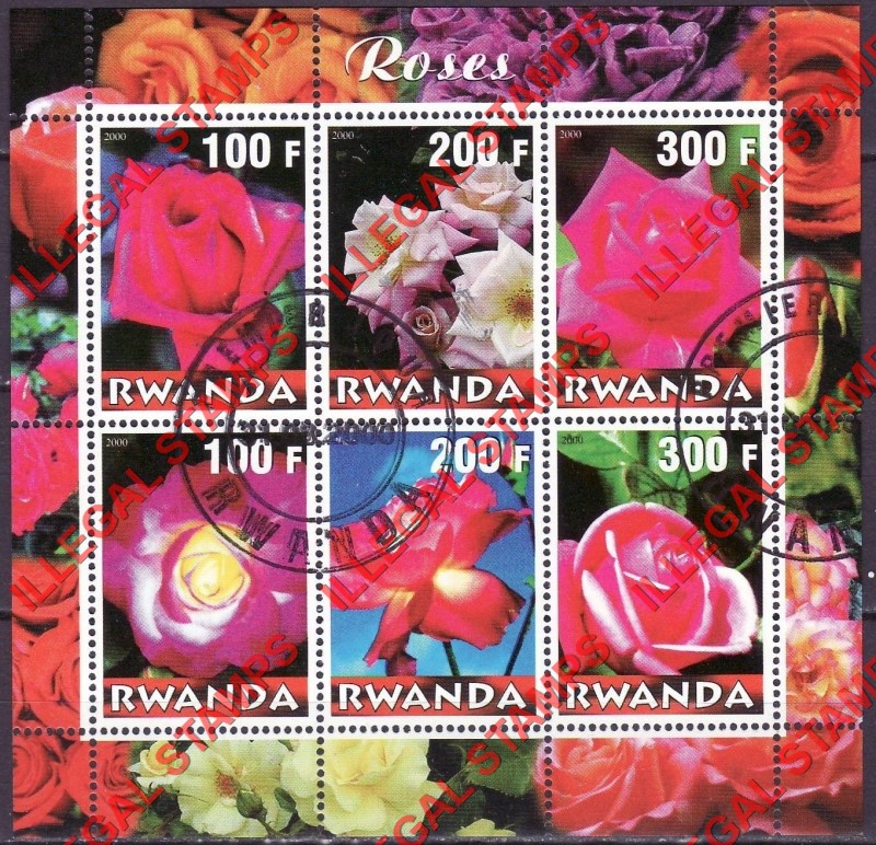 Rwanda 2000 Roses Illegal Stamp Souvenir Sheet of Six