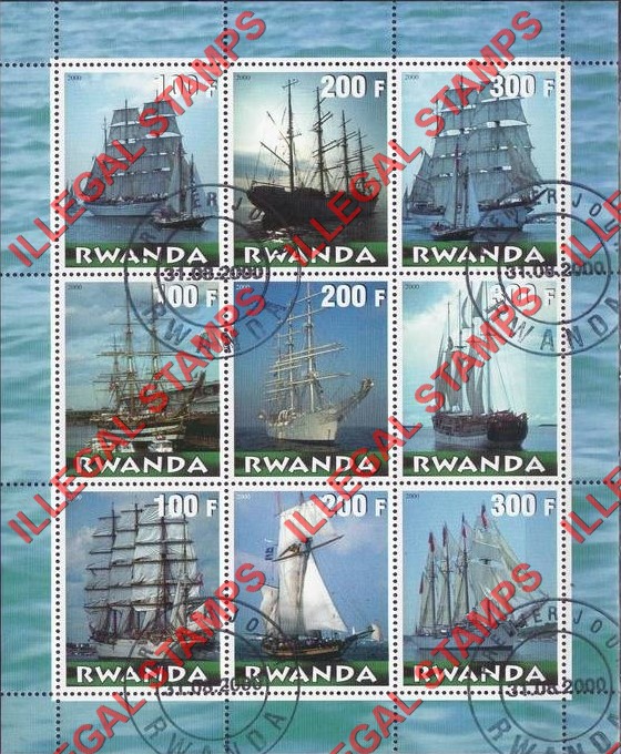 Rwanda 2000 Sailing Ships Illegal Stamp Sheet of 9