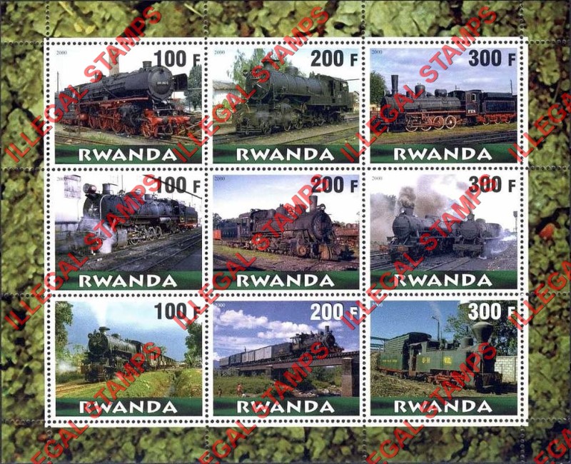 Rwanda 2000 Steam Locomotives Illegal Stamp Sheet of 9