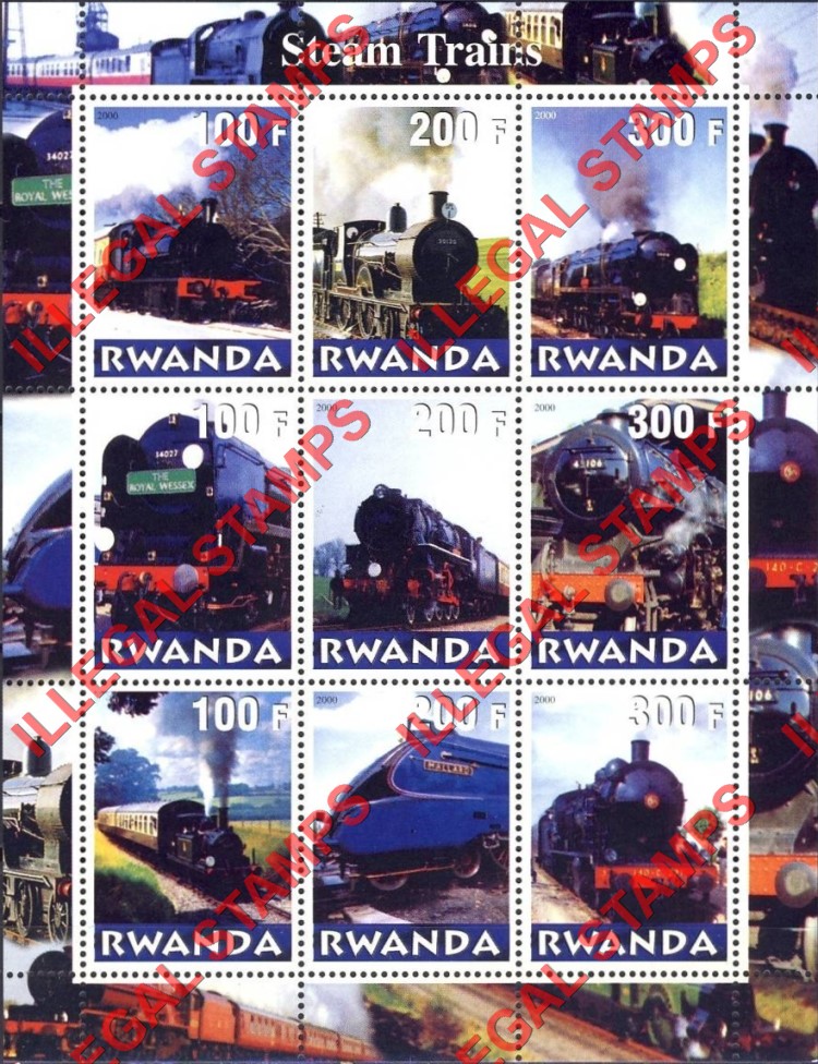Rwanda 2000 Steam Trains Illegal Stamp Sheet of Nine