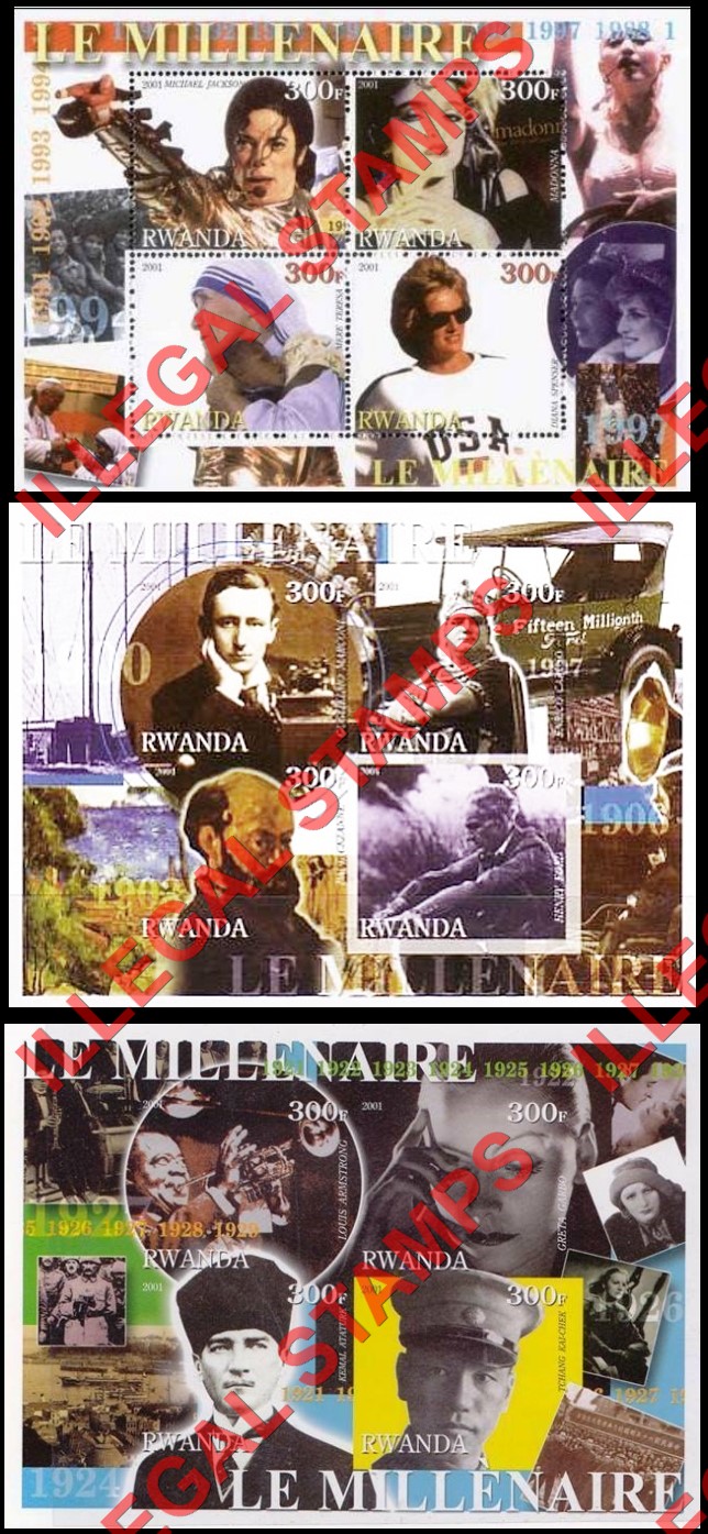 Rwanda 2001 The Millenium Illegal Stamp Souvenir Sheets of 4 (Part 2)