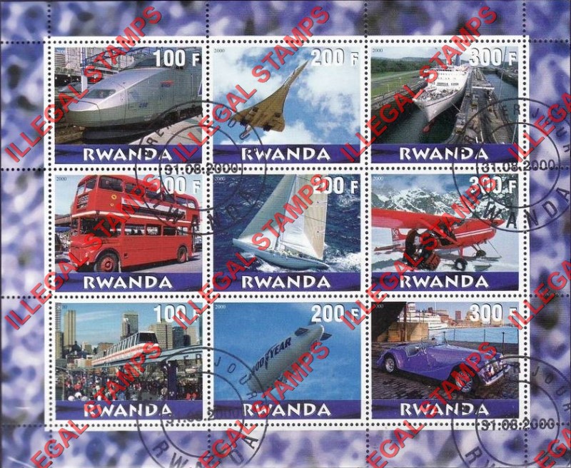 Rwanda 2000 Transportation Vehicles Illegal Stamp Sheet of 9