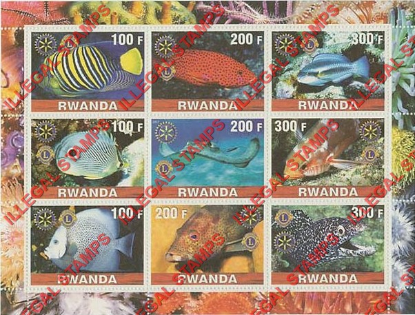 Rwanda 2001 Tropical Fish Illegal Stamp Souvenir Sheet of Seven