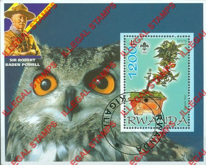 Rwanda 2005 Bonsai Tree Owl Scouting Logo and Baden Powell Illegal Stamp Souvenir Sheet of 1