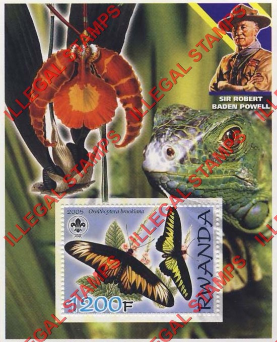 Rwanda 2005 Butterflies Lizard Orchid Scouting Logo and Baden Powell Illegal Stamp Souvenir Sheet of 1