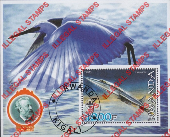 Rwanda 2005 Concorde Pelican Jules Verne and Scouting Logo Illegal Stamp Souvenir Sheet of 1