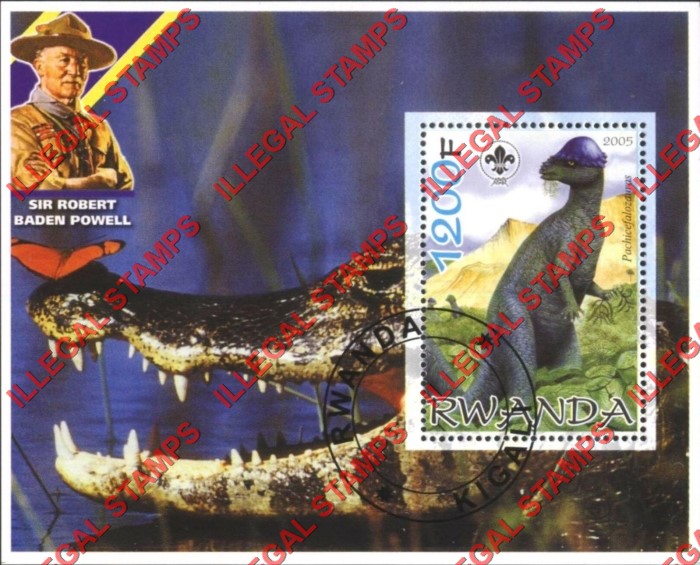 Rwanda 2005 Dinosaur Crocodile Scouting Logo and Baden Powell Illegal Stamp Souvenir Sheet of 1
