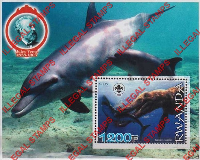 Rwanda 2005 Dinosaur Dolphin Scouting Logo and Jules Verne Illegal Stamp Souvenir Sheet of 1