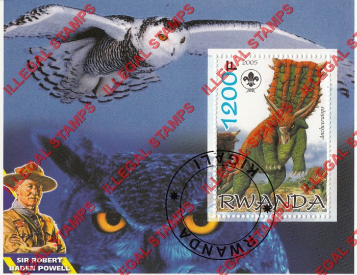 Rwanda 2005 Dinosaur Owls Scouting Logo and Baden Powell Illegal Stamp Souvenir Sheet of 1