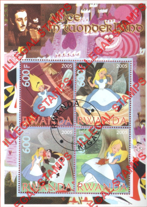 Rwanda 2005 Disney Alice in Wonderland Illegal Stamp Souvenir Sheet of 4
