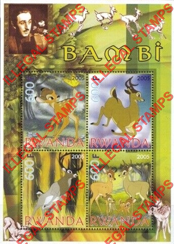 Rwanda 2005 Disney Bambi Illegal Stamp Souvenir Sheet of 4