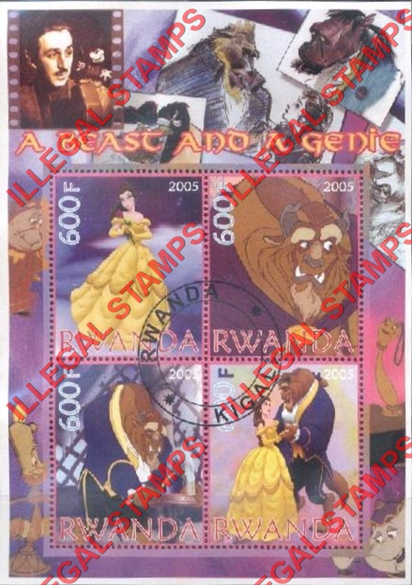 Rwanda 2005 Disney Beauty and the Beast Illegal Stamp Souvenir Sheet of 4